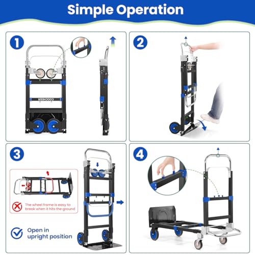 3-in-1 Folding Hand Truck, 600lb Convertible 4 to 2 Wheel Dolly Cart Blue | For home office warehouse garage farm gym, carbon steel frame, base expands 35-44in, swivel rubber wheels, folds flat - color: Blue