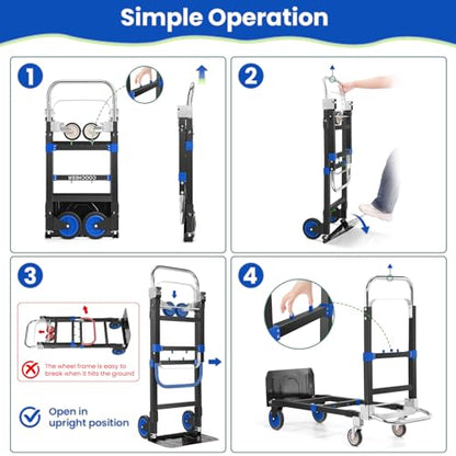 3-in-1 Folding Hand Truck, 600lb Convertible 4 to 2 Wheel Dolly Cart Blue | For home office warehouse garage farm gym, carbon steel frame, base expands 35-44in, swivel rubber wheels, folds flat - color: Blue