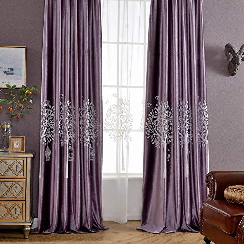 VOGOL Soft Flannel Trees Embroidered Grommet Curtains, Thermal Blackout Curtain Panels, Room Darkening Window Treatment for Living Room, 2 Pieces, W60 x L106 - color: Tree-purple
