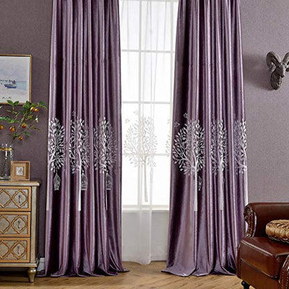 VOGOL Soft Flannel Trees Embroidered Grommet Curtains, Thermal Blackout Curtain Panels, Room Darkening Window Treatment for Living Room, 2 Pieces, W60 x L106 - color: Tree-purple