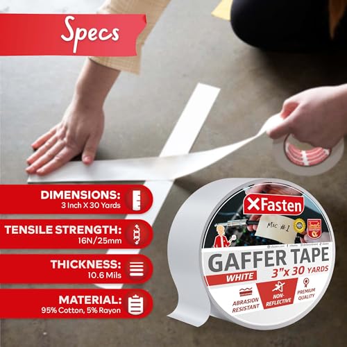 XFasten White Gaffers Tape 3 Inch x 30 Yards, Multipurpose, No Residue Gaffing Tape, White Gaff Tape Non-Reflective Matte Finish for Photography, Floor Marking, Walls, Indoor, Outdoor Locations - size: 3 Inches x 30 Yards (90 Feet)