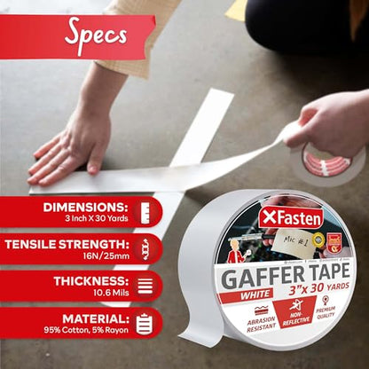 XFasten White Gaffers Tape 3 Inch x 30 Yards, Multipurpose, No Residue Gaffing Tape, White Gaff Tape Non-Reflective Matte Finish for Photography, Floor Marking, Walls, Indoor, Outdoor Locations - size: 3 Inches x 30 Yards (90 Feet)