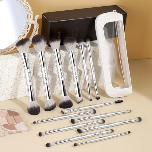 MAANGE 13 Pcs Foundation Makeup Brush Set With Bag, Make up Brushes, Double-End Multi Functional Makeup Brushes, Professional Face Brush Set Tools For Liquid Powder Concealer Cream Blush (Silver) - color: Silver