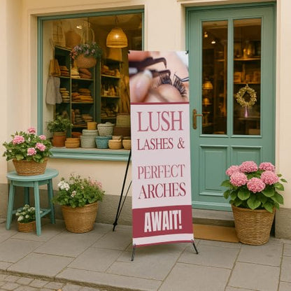 DreamController Lashes & Brows X-Stand Banner by DC | 30"x65" Tripod Display | Lush Lashes Perfect Arches Await Vertical Banner for Trade Shows & Events | Made in USA | (Stand Not Included) - color: Lush Lashes Perfect Arches Await, size: X Banner - 30x65