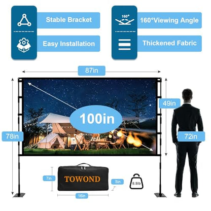 TOWOND Projector Screen and Stand, 100 inch Outdoor Projector Screen Indoor, Portable Movie Screen 16:9 4K Front Rear Projection Screen with Carry Bag Wrinkle-Free Design for Home Backyard Theater