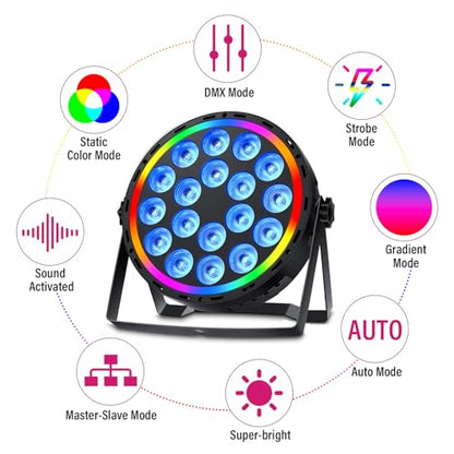 Telbum DJ Par Lights DMX, 70W 18LEDs RGBW Stage Par Light with Rainbow LED Strip Remote Control, Sound Activated Wash Light Uplights for Events Wedding Church Dance Party Club Music Live Show - 2Pack