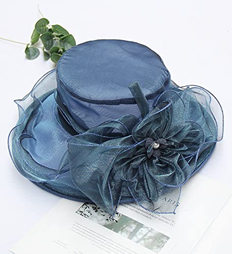 Women Derby Fascinator Hat Organza Church Wedding Hats Wide Brim Cocktail Tea Party Hat - color: 07 Navy Blue