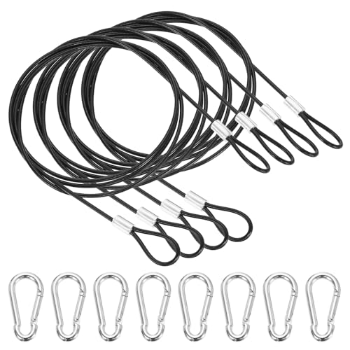 PATIKIL 39 Inch Safety Cable Lock, 4 Pcs 304 Stainless Steel Security Wire Ropes Double Loop Anti-Theft Safety with 8 Spring Buckles for Bicycles Luggage Stage Lighting, Black - color: Black, size: 39 Inch