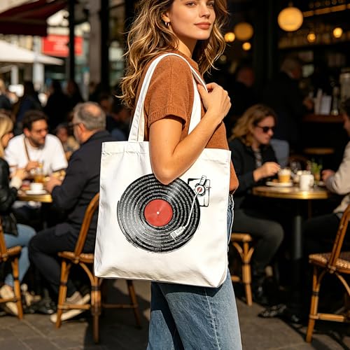 Aesthetic Music Floral Tote Bag for Women, Reusable Canvas Bag with Musical & Botanical Design, Daily Use Gift - color: White-music-012