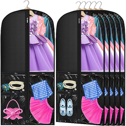 6 Pcs 24'' x 50'' Clear PVC Garment Bag Dance Costume Competition Bag with Rack Zippers Pockets Hanging Garment Covers Costume Organizer Costume Carrier for Adults Kids(Black) - color: Black