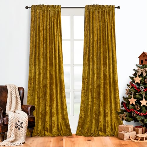 Yellow Velvet Curtains 2 Panels Set - 84 inches Long Room Darkening Luxury Distressed Crushd Velvet Rod Pocket Window Drapes for Living Room Bedroom 52" W x 84" L Mustard - color: Chartreuse, size: 52"W x 84"L (Pack of 2)
