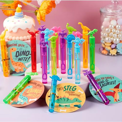 JOYIN 32 Packs Valentine's Day Gift Cards with Mini Bubble Wands for Kids, Valentine's Party Favor, Classroom Exchange Gift for Kids, Holiday Reward Prizes - style: Dinosaur