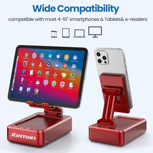 JTEMAN Bluetooth Speaker with Cell Phone Stand,Gifts for Men Tech Gadgets | Big Sound & Clear Bass, Wireless Audio Speaker Stand for iPhone/Android, Foldable Adjustable Phone Holder for Home Office - color: Red