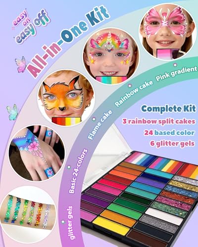 48 Colors Face Painting Kit for Kids & Adults-Water Activated Paint Palette with Stencils,Split Cake,Glitter Gels,Brushes-Body Paint Set for Halloween,Theater & Cosplay