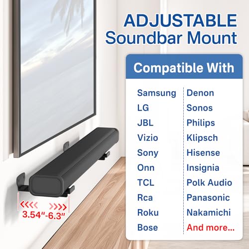 2-Pack Adjustable Soundbar Wall Mounts, Fit for Samsung, Bose, Vizio, LG Depth of 3.5"–6.3" Soundbars, Heavy-Duty Steel Holds up to 38 Lbs, With Anti-Slip Guardrail, Hardware Included Easy to Install - style: Adjustable Mount