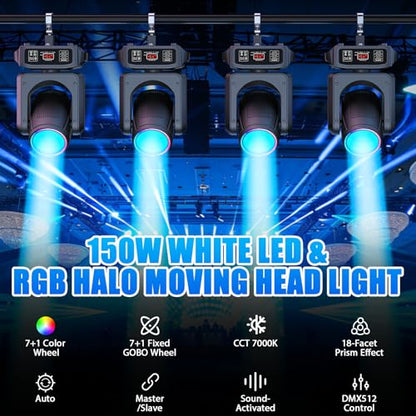 2PCS 150W Moving Head DJ Lights, 7+1 Gobos & 7+1 Colors Spotlight with 18 Rotatable Prisms, DMX512 & Sound Activated Modes for Events Parties Shows - color: Black-2PCS