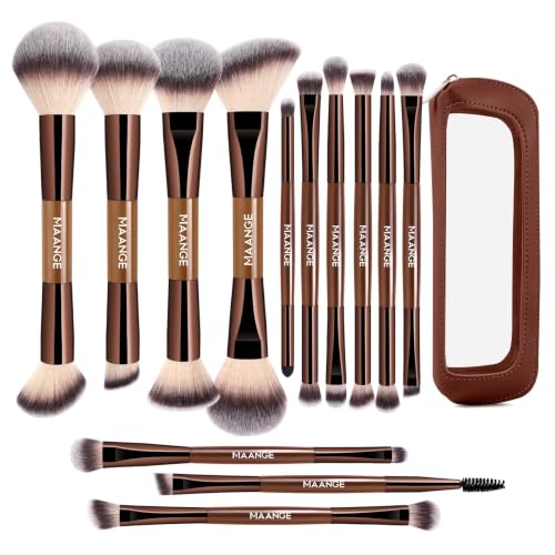 MAANGE 13 Pcs Foundation Makeup Brush Set With Bag, Make up Brushes, Double-End Multi Functional Makeup Brushes, Professional Face Brush Set Tools For Liquid Powder Concealer Cream Blush (Coffee) - color: Coffee