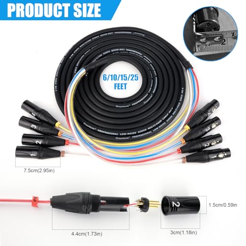 Toronce 4 Channel Professional Multi-Media Snake Cable 4 Pairs Male to Female 3 Pin XLR Balanced Audio Extension Cable (25Feet) - size: 4-Channel _25Ft