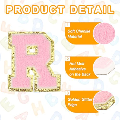 MECCANIXITY Chenille Letter Patches 3.1" Alphabet R Iron on Embroidered Patch Sew on Letter Stickers Applique for Repairing Clothing Jeans Shoes Hats DIY(Pink, Pack of 6) - style: Letter-R