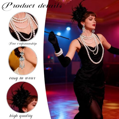 1920s Accessories for Women, Feather Headband Fashion Roaring 20's Theme Set, Pearl Necklace Jewelry Cigarette Rod Black