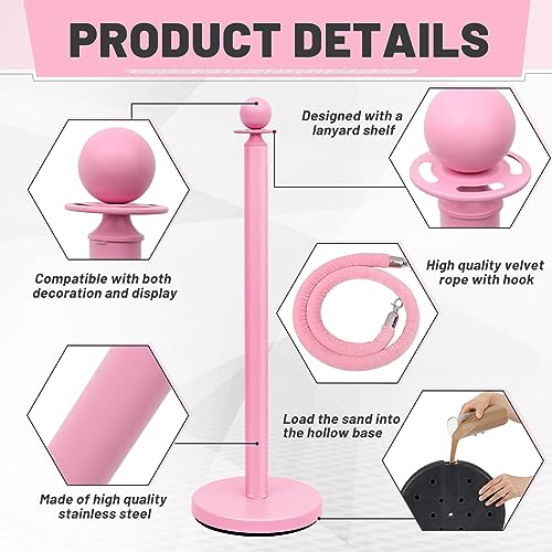 Ferraycle 4 Pcs Stainless Steel Stanchions 38 Inch with Velvet Rope, Pink | Pink Stanchions Set, 5 ft Velvet Rope Included, Ball Top Posts, Weighted Base, Crowd Control Barriers, Wedding Party