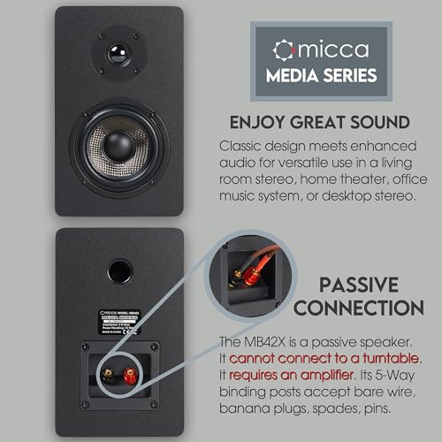Micca MB42X Advanced 2-Way Passive Bookshelf Speakers, Stereo Pair, Black | Amplifier Required, 4-Inch Carbon-Fiber Woofer, 0.75-Inch Silk-Dome Tweeter, Desktop, Home Theater, Surround Sound - style: MB42X Advanced Bookshelf Speakers