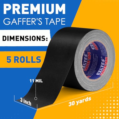 Black Gaff Tape 5 Pack, 3 Inch x 30 Yards Black Gaffers Tape, Waterproof, No Residue, Non-Reflective, Easy Tear Gaffers Stage Tape, 11 Mil Matte Gaffers Tapes for Stage, Photography, Studio.