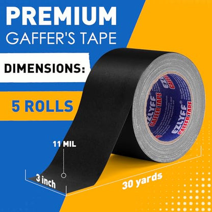 Black Gaff Tape 5 Pack, 3 Inch x 30 Yards Black Gaffers Tape, Waterproof, No Residue, Non-Reflective, Easy Tear Gaffers Stage Tape, 11 Mil Matte Gaffers Tapes for Stage, Photography, Studio.