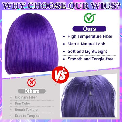 Short Bob Straight Hair Wigs with Bangs, Heat Resistant Fiber Hair, Heart-shaped Glasses for Women (Purple) - color: Purple