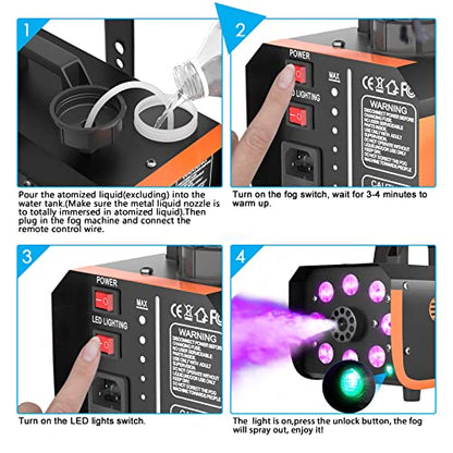 HAKUTA Light Rain and Splash Proof Fog Machine, 500W Smoke Machine with 2300 CFM Output of Fog & 2 Remotes, 8 LED Lights with 4 Light Effects for Outdoor Music Festival Pool Party Wedding DJ Stage