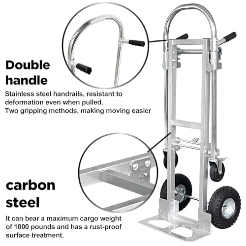 Suzhi Convertible Hand Truck Dolly Cart with Wheels Heavy Duty/with 4 Wheels&Brakes /1000Lbs Load, 2 Straps for Furniture/Appliance/Carton/Warehouse/Office /10 Minutes to Install as Video - color: Gray