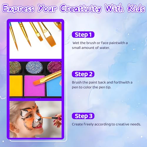 42 Colors Face Painting Kit for Kids，Non-Toxic Water Face Painting Palette Kit Professional whit Brushes，Stencils，Gems，sponges，Book&Glitters.Carnival，Halloween，Cosplay，Party； for Kids Makeup Artist