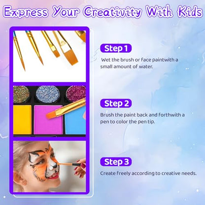 42 Colors Face Painting Kit for Kids，Non-Toxic Water Face Painting Palette Kit Professional whit Brushes，Stencils，Gems，sponges，Book&Glitters.Carnival，Halloween，Cosplay，Party； for Kids Makeup Artist