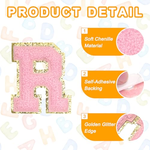 MECCANIXITY Chenille Letter Patches 2.2" Self Adhesive Alphabet R Stick on Embroidered Patch Sew on Letter Stickers Applique for Repairing Clothing Jeans Shoes Hats DIY(Pink, Pack of 6) - style: Letter-R