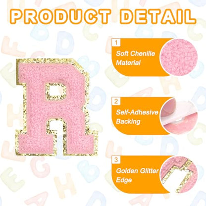 MECCANIXITY Chenille Letter Patches 2.2" Self Adhesive Alphabet R Stick on Embroidered Patch Sew on Letter Stickers Applique for Repairing Clothing Jeans Shoes Hats DIY(Pink, Pack of 6) - style: Letter-R