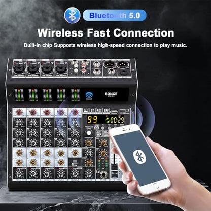 BOMGE Professional audio mixer 6 Channel Mixing Console with 99 DSP Effect,+48V Phantom, Bluetooth,USB Interface.2 AUX.FX Processor for studio recording & Live Performances