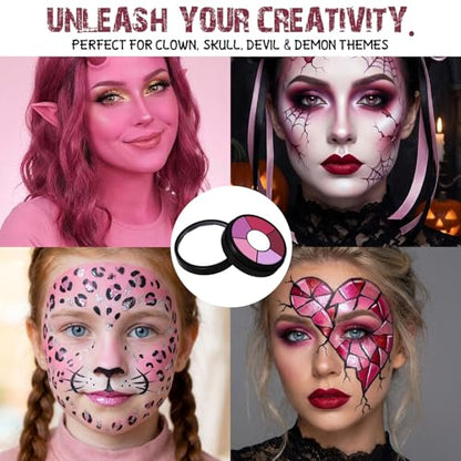 BOBISUKA Pink Cream Face & Body Paint Palette Kit with 3 Brushes 3 Sponges, Highly Pigmented Easy to Blend Long Lasting Halloween Makeup for Clown, Skull, Devil, Demon,Mermaid Costume & Theme - color: 06 Twisted Carnival Pink