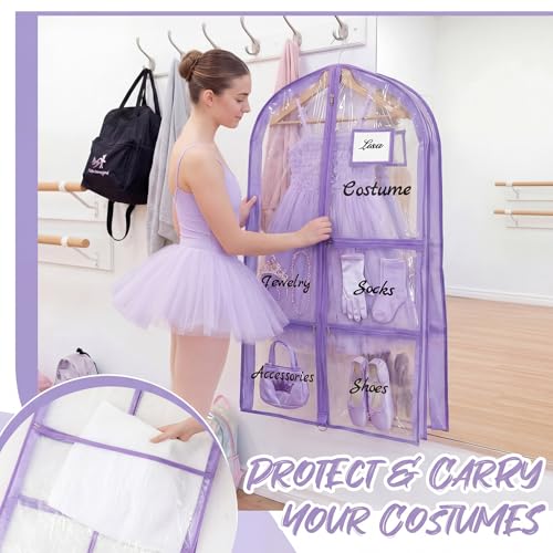 Nuenen 3 Pack Dance Garment Bags for Costumes Clear Dance Recital Organizer with Pockets & Labels, 40 Inch PVC Hanging Costume Bag for Competition Travel, Garment Bag with Compartments(Purple) - color: Purple