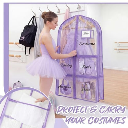 Nuenen 3 Pack Dance Garment Bags for Costumes Clear Dance Recital Organizer with Pockets & Labels, 40 Inch PVC Hanging Costume Bag for Competition Travel, Garment Bag with Compartments(Purple) - color: Purple