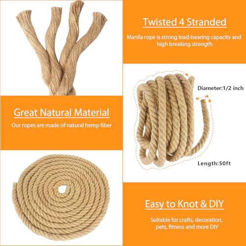 DEDU Hemp Rope, Twisted 4 Strand Manila Rope 1/2 Inch X 50 Ft, Natural Hemp for Crafts Heavy Duty Multipurpose for Swing Bed, Camping, Tug of War, Docks, DIY Projects. - size: 50 feet, style: 0.5 inch