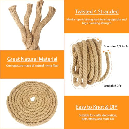 DEDU Hemp Rope, Twisted 4 Strand Manila Rope 1/2 Inch X 50 Ft, Natural Hemp for Crafts Heavy Duty Multipurpose for Swing Bed, Camping, Tug of War, Docks, DIY Projects. - size: 50 feet, style: 0.5 inch