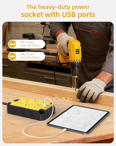 12AC Magnetic Heavy Duty Power Strip, 6.5 FT Extension Cord Surge Protector | PAEWOK 15 Amps/1200 Joules, 4 USB Ports (2 USB-C), Power Strip for Industrial Shop Garage, Yellow - style: 12AC+USB