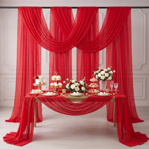 DUOBAO Ceiling Drapes 20ft Red Wedding Backdrops 4 Panels Sheer Curtains | Chiffon Fabric, 5x20ft Each Panel, for Reception Ceremony Arch, Party & Photo Backdrop, Bridal Shower Wedding Event Supplies - color: Red, size: 60"W x 240"L (Pack of 4)