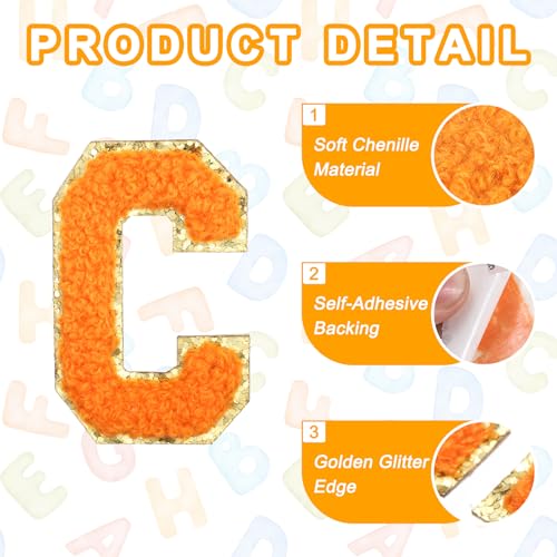 MECCANIXITY Chenille Letter Patches 2.2" Self Adhesive Alphabet C Stick on Embroidered Patch Sew on Letter Stickers Applique for Repairing Clothing Jeans Shoes Hats DIY(Orange, Pack of 2) - style: Letter-C