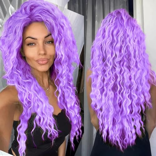 26 Inch Long Purple Wigs for Women Free Part Curly Wavy Wig Drag Queen Hair - color: Purple
