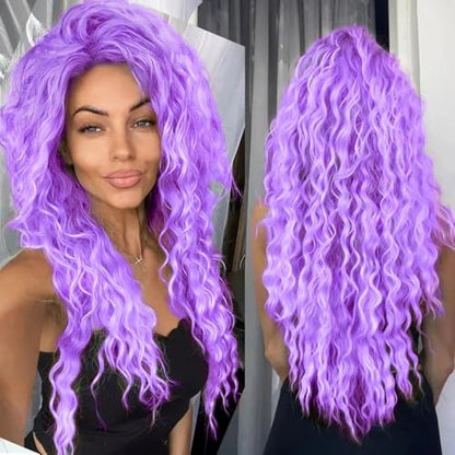 26 Inch Long Purple Wigs for Women Free Part Curly Wavy Wig Drag Queen Hair - color: Purple