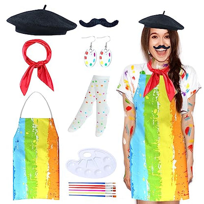 Kyson Artist Costume for Adult 8 Pcs Painter Halloween Dress Up with Beret Apron Palette Paint Brushes Earrings Bandana Beard - color: Rainbow Pattern Apron
