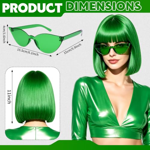Short Bob Straight Hair Wigs with Bangs, Heat Resistant Fiber Hair, Cat Eye Glasses for Women (Green) - color: Green