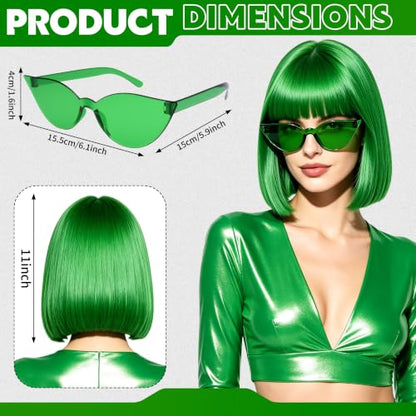 Short Bob Straight Hair Wigs with Bangs, Heat Resistant Fiber Hair, Cat Eye Glasses for Women (Green) - color: Green