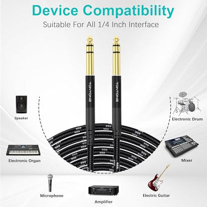 1/4 Inch TRS Cable 2-Pack 6.6FT, Quarter Inch 6.35mm Balanced Stereo Audio Cable, 1/4 to 1/4 Guitar Cables for Electric Guitar Bass Keyboard Mixer - size: 6.6 FT